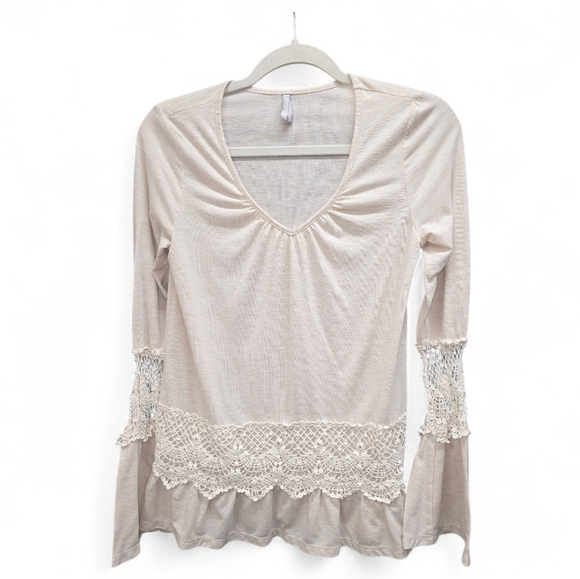 Vanity Tops - Vanity Boho Lace Trim Top Small Cream Beige V-Neck Long Sleeve Cottagecore  Soft